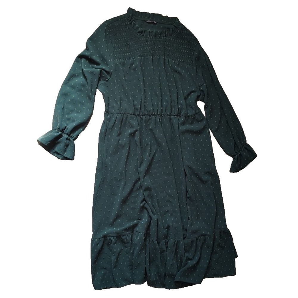 Bloomchick 22-24 Raised Embroidered Print Pocket Layered Hem Dress Green Pockets